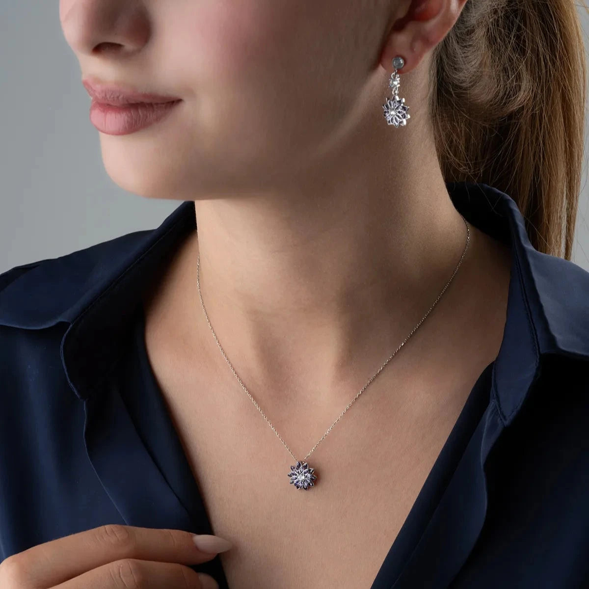 MOR TEK TAŞLI LOTUS KOLYE KÜPE YÜZÜK SET | 925 GÜMÜŞ