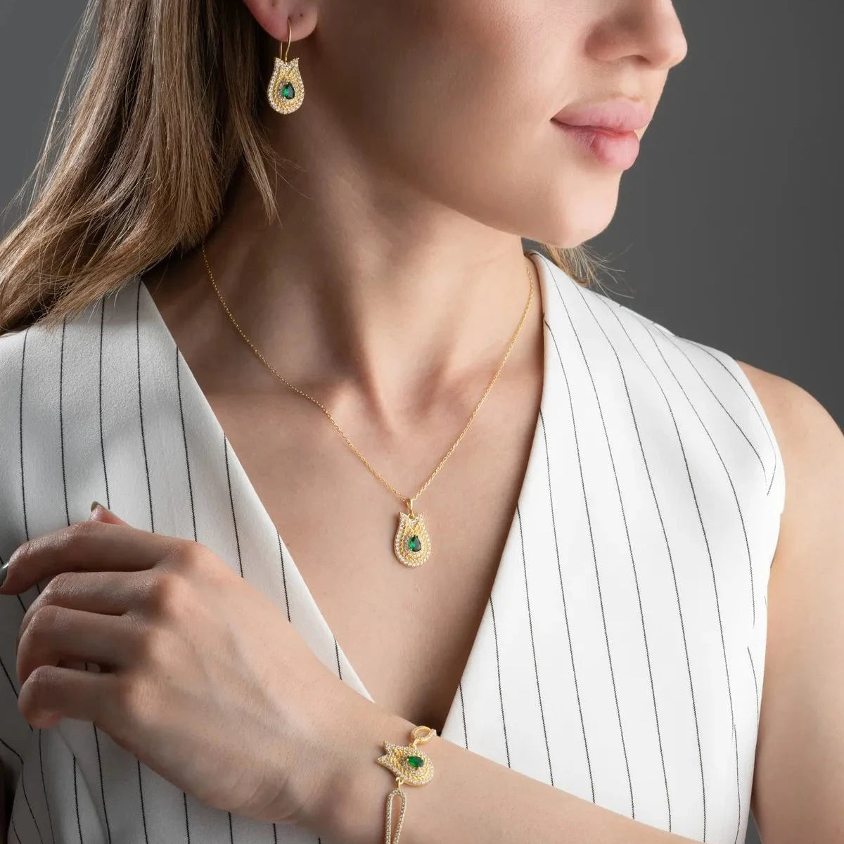 ZÜMRÜT YEŞİLİ LALE TAKI SET | 925 GÜMÜŞ