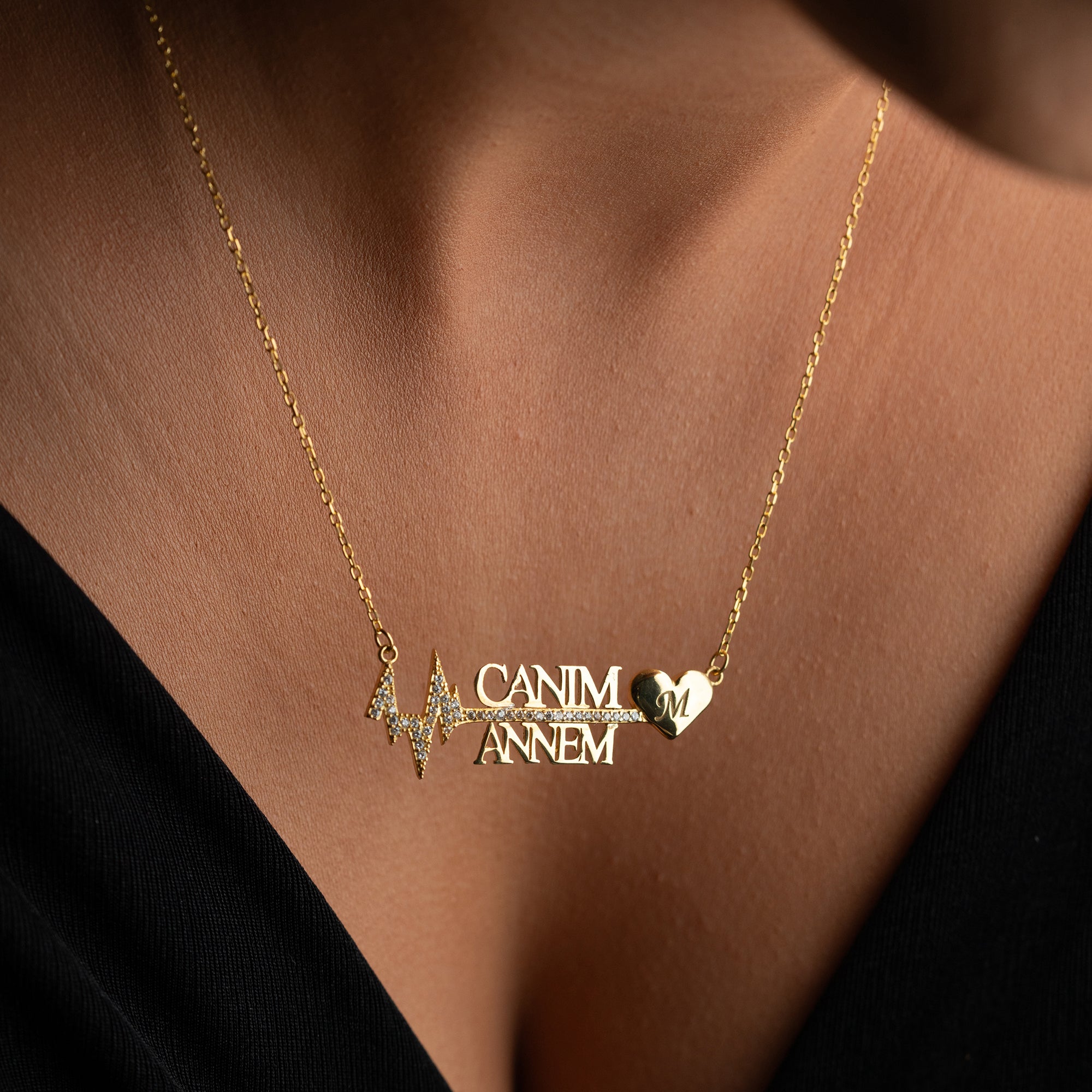 CANIM ANNEM TAŞLI KALP RİTMİ HARFLİ KOLYE | 925 GÜMÜŞ