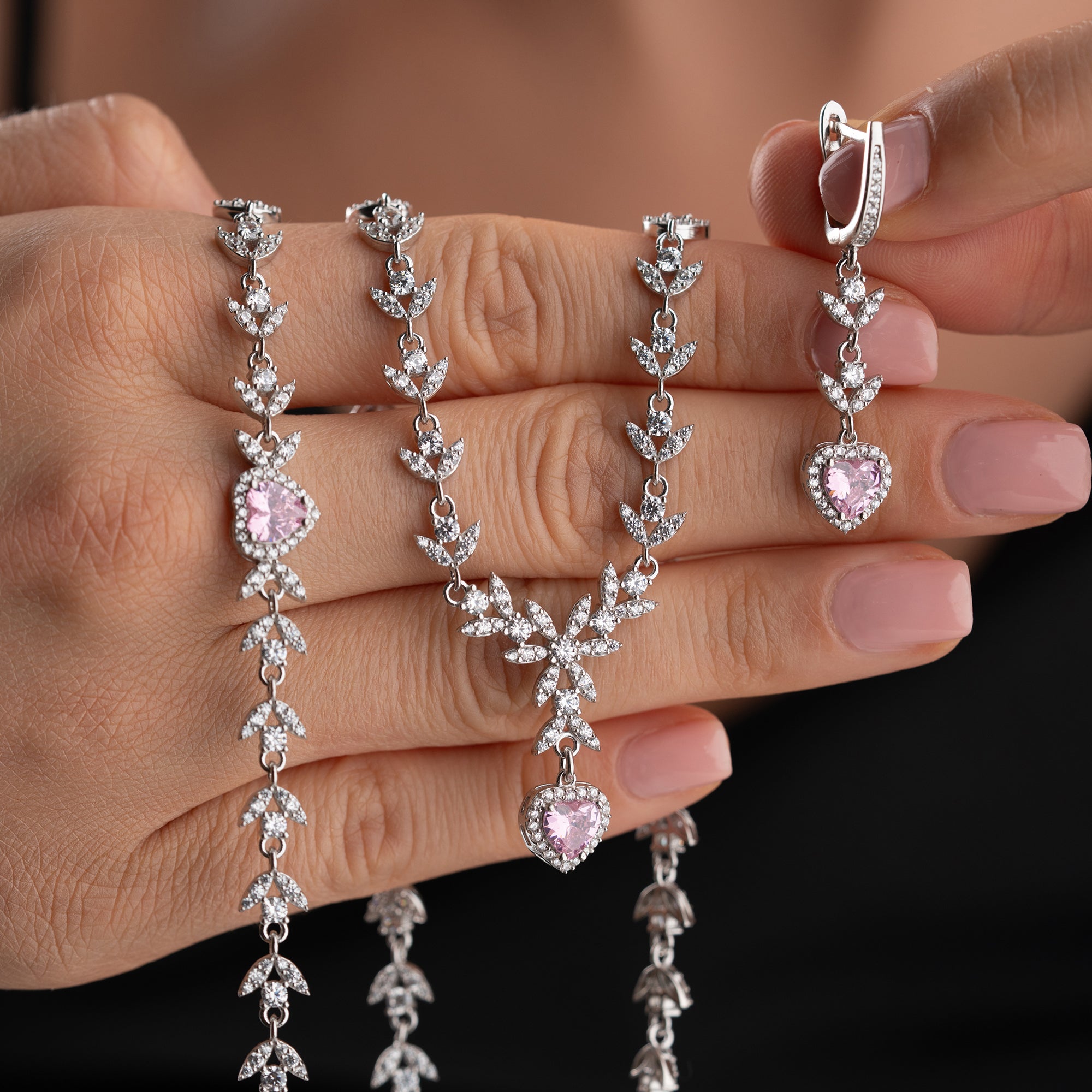 ROYAL PİNK HEART KOLYE KÜPE BİLEKLİK SET | 925 GÜMÜŞ