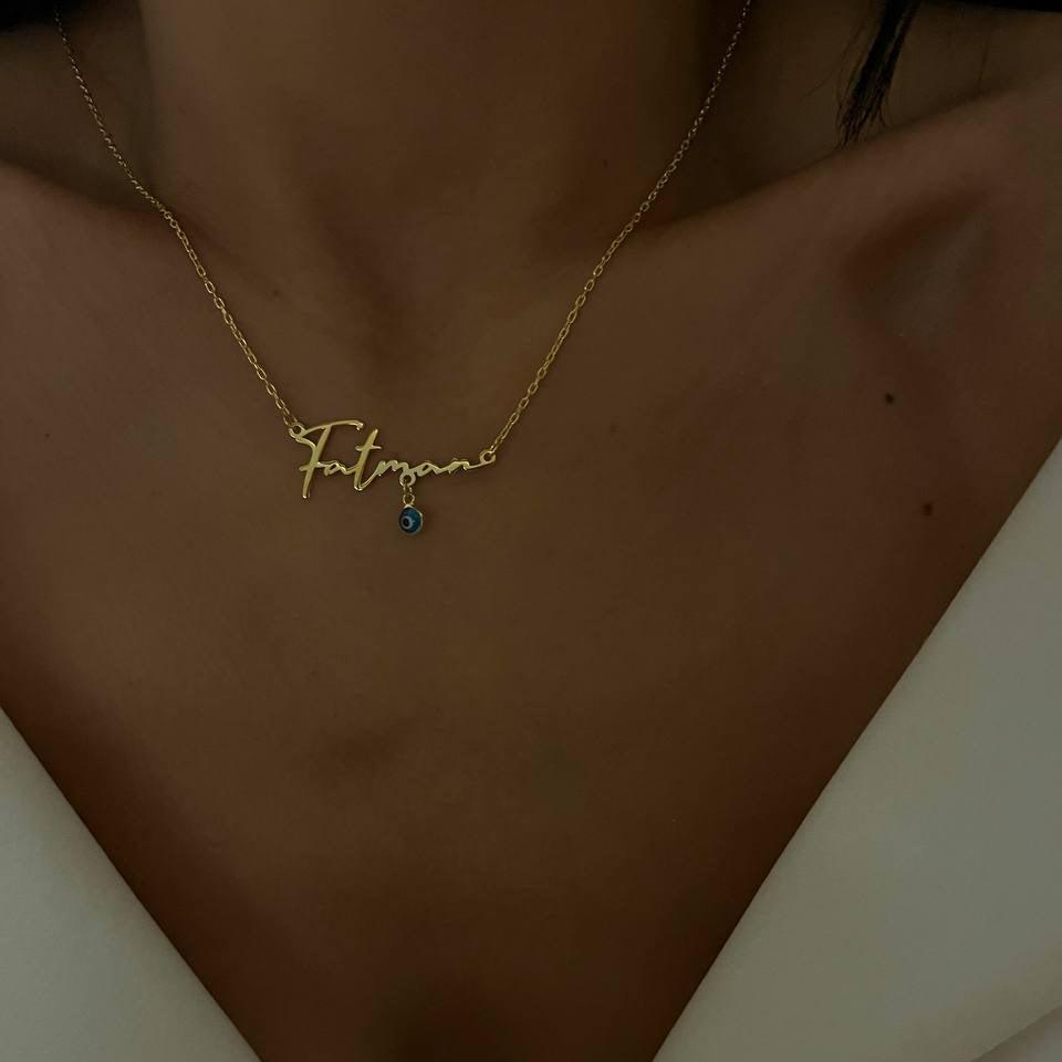 NAZAR SALLANTILI YATAY İSİM KOLYE | 925 GÜMÜŞ