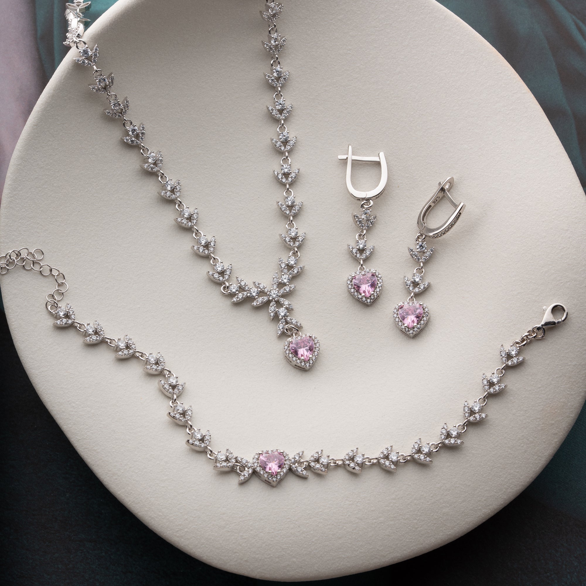 ROYAL PİNK HEART KOLYE KÜPE BİLEKLİK SET | 925 GÜMÜŞ