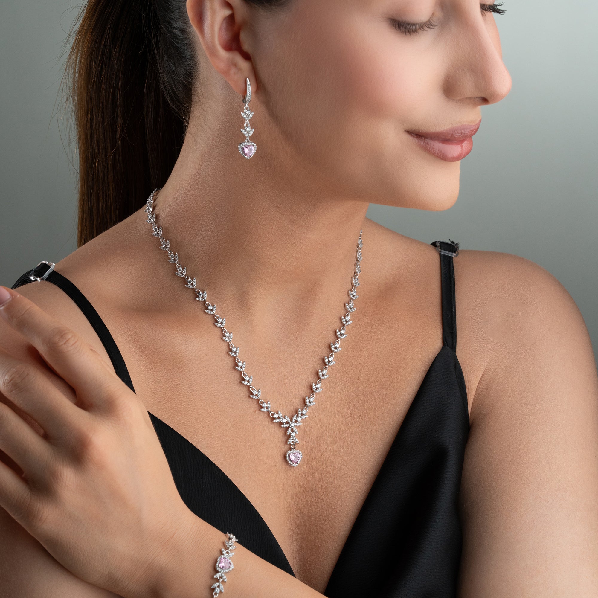 ROYAL PİNK HEART KOLYE KÜPE BİLEKLİK SET | 925 GÜMÜŞ