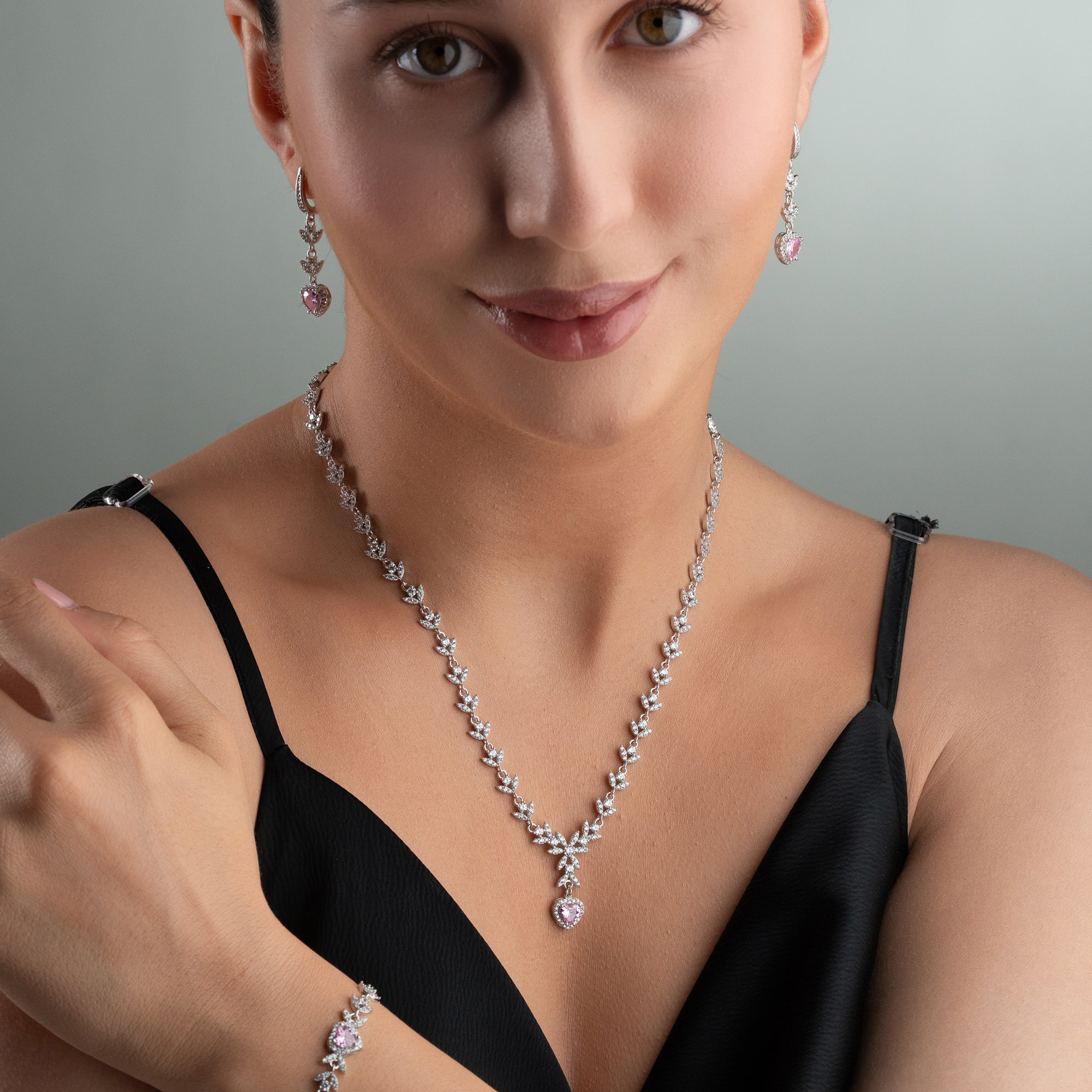 ROYAL PİNK HEART KOLYE KÜPE BİLEKLİK SET | 925 GÜMÜŞ
