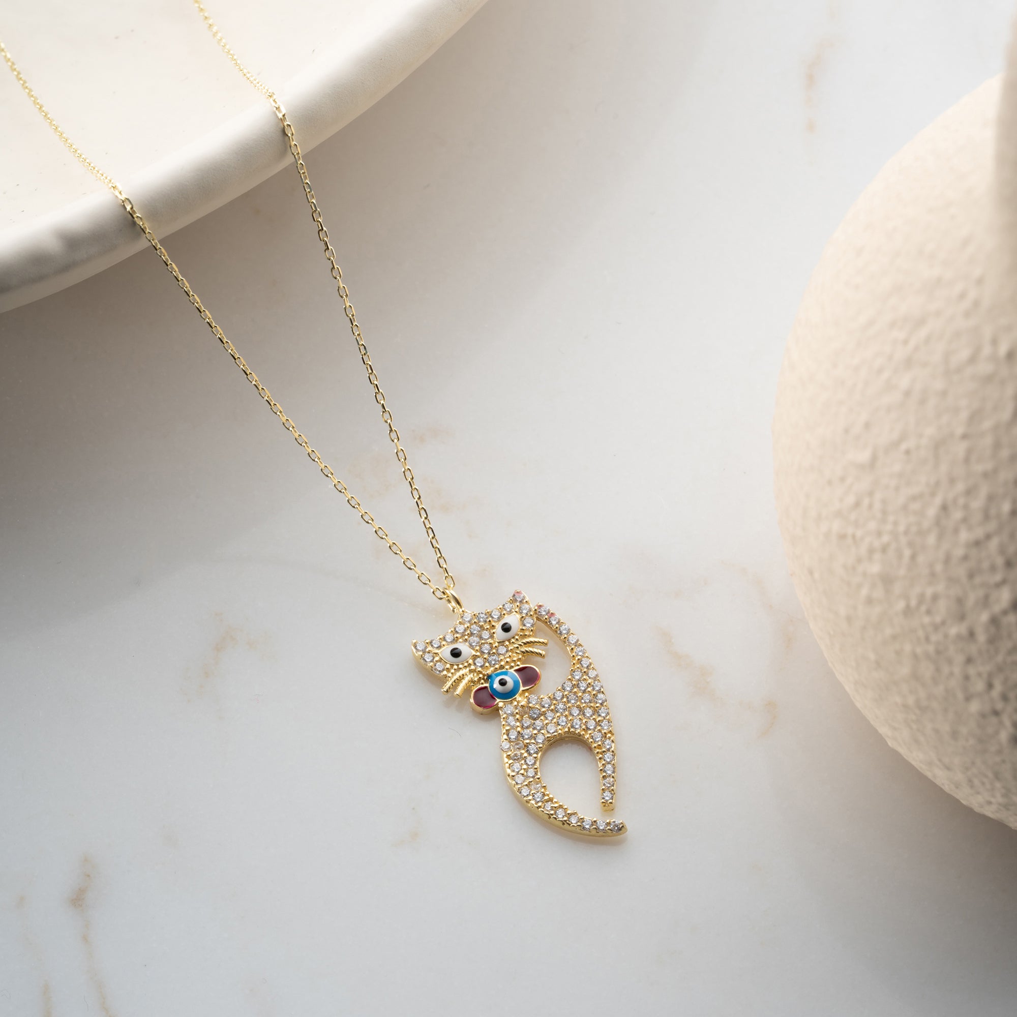 TAŞLI KEDİ KOLYE | 925 GÜMÜŞ