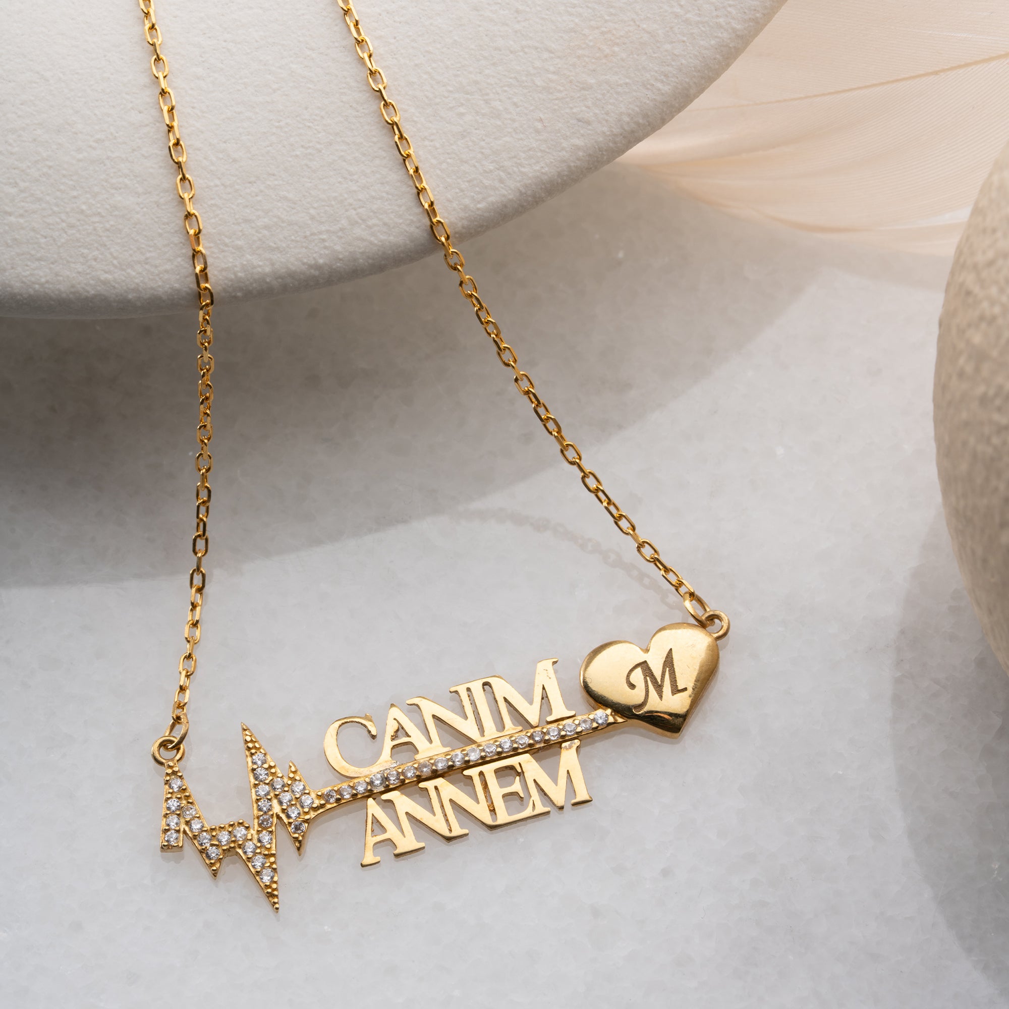 CANIM ANNEM TAŞLI KALP RİTMİ HARFLİ KOLYE | 925 GÜMÜŞ