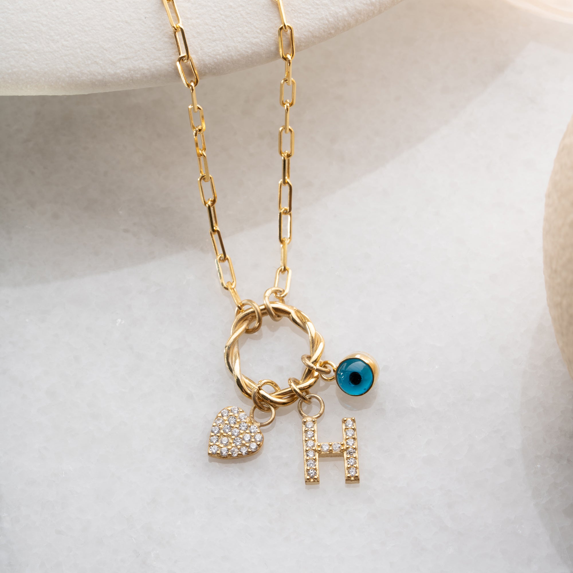 KALPLİ NAZAR BONCUKLU HARF CHARM KOLYE | 925 GÜMÜŞ